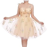 Women's Flower Embroidery Tulle Prom Dress Spaghetti Strap A-line Fairy Dresses Formal Evening Party Gown