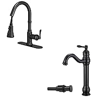 Oil Rubbed Bronze Bar Faucet and Bathroom Faucet Set, 3 Functions Pull Down Wet Bar Sink Faucet 1 or 3 Hole, 360 Degree Swivel Bath Faucet Vessel Sink Faucet Bathroom Faucets with Pop-up Drain