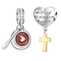 2pcs Set Coffee Cup Pendant and Two Tone Cross Heart Charm Fit Mothers Day Bracelet in 925 Sterling Silver, Christmas Gift for Godmother/Grandma