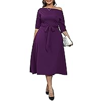 Nmoder Plus Size Stretchy Off Shoulder Midi Dress for Women Casual 3/4 Sleeve Party Wedding Guest Flared Wrap Dresses