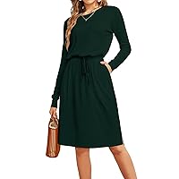 Women Fall Knit Adjustable Drawstring Tie Waist Blouson Midi Knee Dress Green L