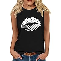 Women's Sleeveless 4th of July Tank Tops Funny Stars Stripe Lip Print T-Shirts Summer Workout Loose Fit Yoga Tees