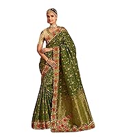 Olive Indian Bridal Silk Designer Sari Wedding Traditional heavy saree Blouse 7701