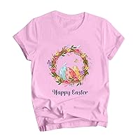 XJYIOEWT Red White and Blue Shirts for Women Easter Bunny Print T Shirt Loose Crew Neck Short Sleeve Top Womens Oversiz