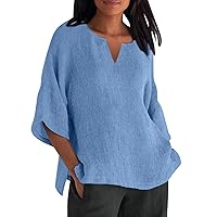 Womens 3/4 Sleeve Tops Shirts 2024 Summer V Neck Linen Quarter Sleeve Shirts Plus Size Casual Beach Tee Blouses