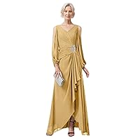 LIPOSA Women's Mother of Bride Dresses V Neck High Low Slit Cold Shoulder Long Sleeves Chiffon Formal Gowns