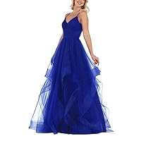 Layered Tulle Ball Gown V-Neck Prom Dresses 2021 Long Evening Spaghetti Straps A-Line Royal Blue