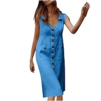 Women Button Down Shirts Dresses Cotton Linen V Neck Sleeveless Tunic Dress Summer Casual Loose Dressy Swing Dress