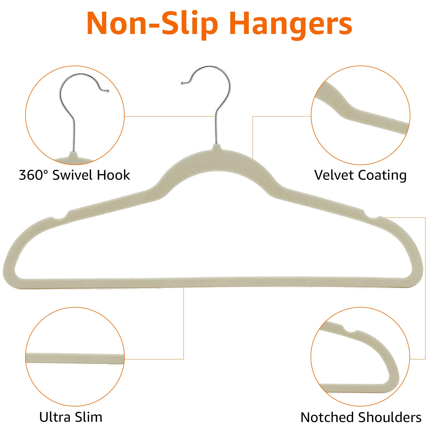 Amazon Basics Slim, Velvet, Non-Slip Suit Clothes Hangers, Ivory/Silver - Pack of 100