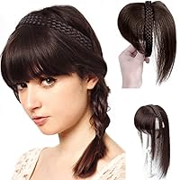 Women Remy Human Hair Topper with Bangs 10x10cm Breathable Lace Net Base Braided Headband Hairpiece Topper Hair Extensions Hairband Braids Human Hair Piece(25cm Dark Brown)