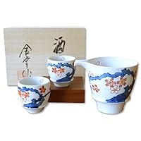 Sake set 3 pcs Porcelain Ceramic Made in Japan Arita Imari ware 1 pc Sake Pitcher 9.1 fl oz and 2 pcs Cups Some Sakura