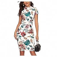Multicolor Mock-Neck Form Fitted Floral Print Dress Women Spring Cap Sleeve Bodycon Elegant Pencil Midi Dresses