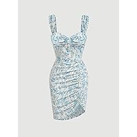 2023 Women's Dresses Allover Floral Print Ruched Bus Button Front Dress Women's Dresses (Color : Blue and White, Size : Large)