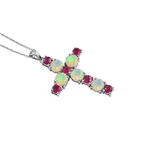 Natural Ruby & Ethiopian Opal Cut Gemstone 925 Sterling Silver Holy Cross Pendant Necklace July Birthstone Ruby Jewelry Engagement Gift For Her (PD-8398)