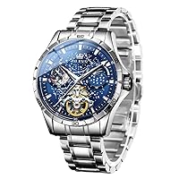 OLEVS Men's Watches Stars Sky Moon Phase Dial Mechanical Automatic Winding Stainless Steel Silver Black Watch Fashion Dress Waterproof Luminous Men's Watch, A: Steel strap with blue dial, Bracelet