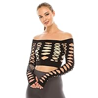 Kurve Women’s Sexy Fishnet Top – Hybrid Cut Out Mesh Long Sleeve Crop Shirt, UV Protective Fabric UPF 50+ (Made in USA)
