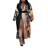 Floral Kimonos for Women Casual Open Front Stain Long Kimono Robes Cardigan Cover Up Plus Size