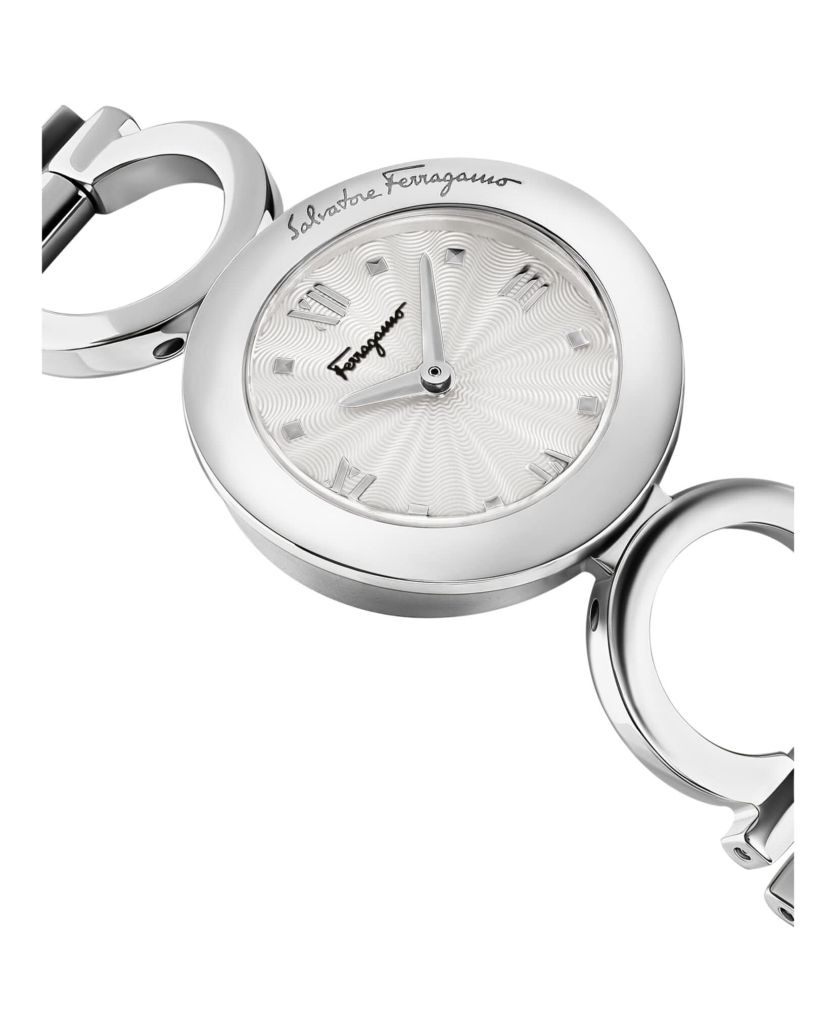 Ferragamo Womens Swiss Made Watch Gancino Collection Featuring Adjustable Luxurious Stainless Steel Link Bracelet with Jewelry Clasp Closure and Silver Sunray Dial 2 Hand Swiss Quartz Movement