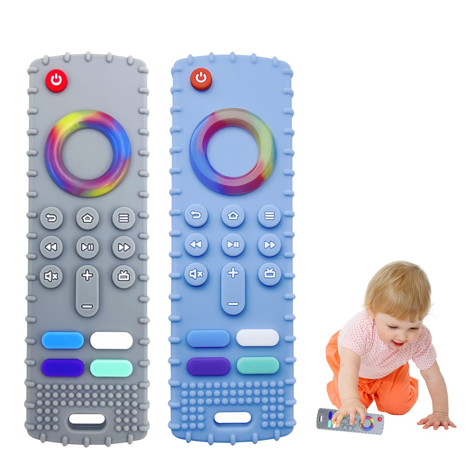 ERSIHUA 2-Pack Silicone Baby Teething Toys, TV Remote Teethers for 6-12-18 Months Infant, Fire Remote Control Shape Toddlers Silicone Teethers, Chew Toys for Boys and Girls (FTV-Blue+Grey)