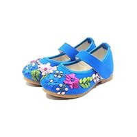 Children Girl's Flower Embroidery Mary-Jane Shoes Kid's Cute Flat Cheongsam Shoe Blue