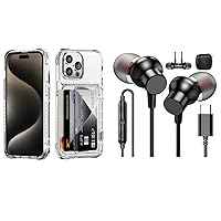 for iPhone 15 Pro Max Case Wallet Clear + iPhone 15 Pro Max USB C Headphones Wired Earbuds with Mic Black