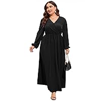 KOJOOIN Women Plus Size Wrap Maxi Dress Long Lantern Sleeves Empire Waist Split A Line Casual Dresses VC Solid Black 5XL