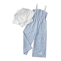 OYOANGLE Girl's 2 Piece Outfits Striped Print Wide Leg Pants Cami Jumpsuit and Buttin Down Short Sleeve Shirt Tops