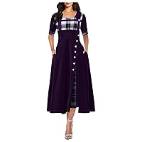 Women's Fashion Autumn Winter Round Neck Half Sleeve Striped Contrast Color Side Split Button A Line Long Dress