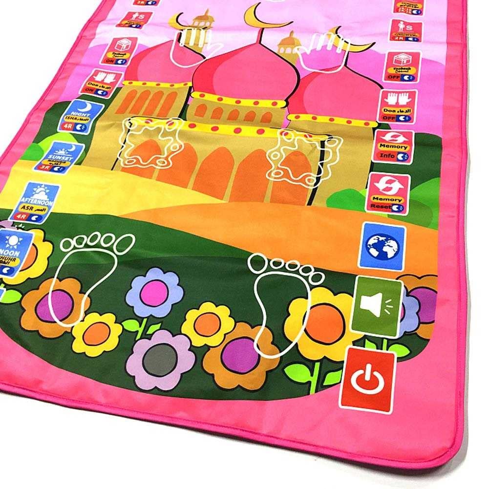 Asheep Muslim Prayer Rug for Kids, Smart Electronic Islamic Prayer Carpet Mat, Teaching Talking Music Mat with Worship Step Guide for Kids Toddlers, 43.3x27.5 in (Color : Pink A)