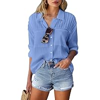 Merryfun Women's Button Down Cotton Linen Shirts Casual Pleated Long/Roll Up Sleeve Blouses Textured Loose Collared Work Tops