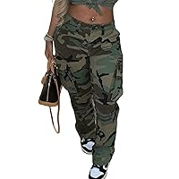 Vaceky Camo Cargo Pants for Women Zipper High Waist Patchwork Camouflage Straight Leg Casual Trousers with Pocket