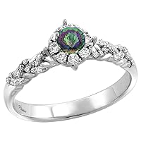 14k White Gold Genuine Diamond & Color Gem Halo Engagement Ring Round Brilliant cut 4mm, size 5-10