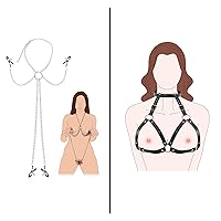 Leather Sex Breast Bondage Bra Chest Harness for Women Body, BDSM Sexy Nipple Clamps Pussy Clamps with Chain Non-Piercing Set