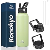 Insulated Water Bottle with Straw,40oz 3 Lids Metal Bottles Stainless Steel Water Flask,Macaron Green