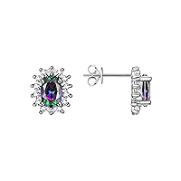 14K White Gold Halo Stud Earrings | 6x4MM Oval Alexandrite, June Birthstone, Perfect for Celebrating Birthdays and Special Occasions by Rylos