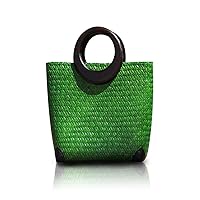 Hand-woven Womens Straw Large Boho Handbag Bag for Women, Summer Beach Rattan Tote Travel Bag with Wood Round Top Handle (Green)