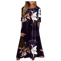 Trendy Summer Mid Length Dress for Women Short Sleeve Wedding Loose Fit Soft Graphic Cotton Dress for Ladies