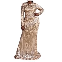 Womens Maxi Sequin Evening Dresses Plus Size Sparkly Long Sleeve Mermaid Dress Elegant High Neck Prom Cocktail Gowns