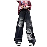 Wide Leg Ripped Jeans for Women High Waisted Baggy Plus Size Y2k Casual Straight Leg Distressed Jeans