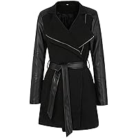 Classic Faux Leather Sleeves Fashion Trench Coat Style Woolen coat Blazer for Women