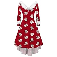 Christmas Dresses for Cocktail Party Plus Size Furry V-Neck Long Sleeve Swing Dress Cute Santa Claus High-Low Dress
