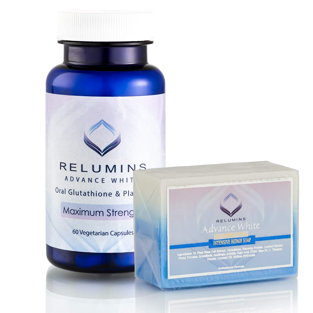 Relumins FREE Facial Massager Advance White Oral Glutathione W/FREE Stem Cell Intensive Repair Soap- NEW and Improved Now with Rose Hips