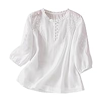 Plus Size Tops for Women Fashion Embroidery Cotton Linen Tops Casual Crew Neck Button Short Sleeve Blouse Summer Tops