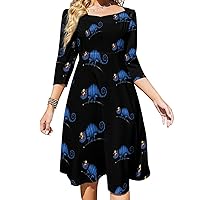 Blue Horrified Chameleon Midi Dresses for Women Tie Flared A-Line Swing 3/4 Sleeves Cute Sundress