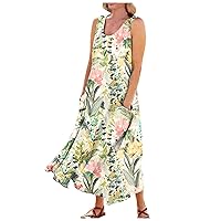 Women's Summer Casual Loose Sleeveless Long T Shirt Dress Fashion Printed Maxi Beach Sundress Travel Vacation Outfits