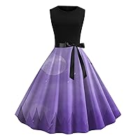 XJYIOEWT Puffy Dress,Women's Round Neck Sleeveless Printed Vintage Swing Dress Cocktail Prom Party Dress Easter Tie Belt