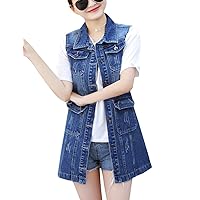 Flygo Womens Casual Button Up Mid Long Ripped Denim Jean Vest Sleeveless Jacket