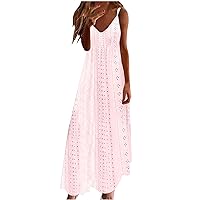 Women Strap Summer Dress Eyelet V Neck Spaghetti Strap Midi Dresses Casual Solid A-Line Flowy Sundress Beach Dress