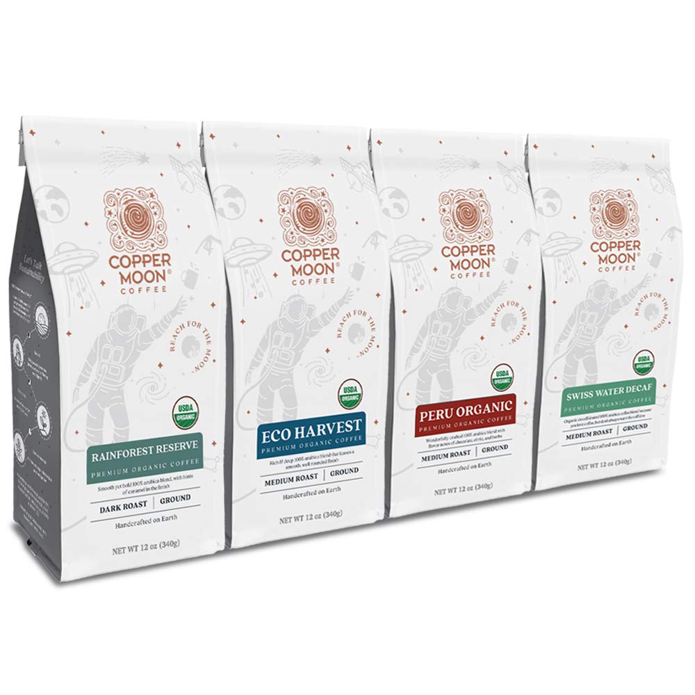 Copper Moon Coffee Organic Variety Pack, Ground, 48 Ounces (12 oz. each: Rainforest Reserve, Eco Harvest, Peruvian, Swiss Water Decaf)