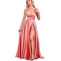 Long Spaghetti Straps Bridesmaid Dresses V Neck Ruched Satin Formal Evening Gowns with Slit for Women